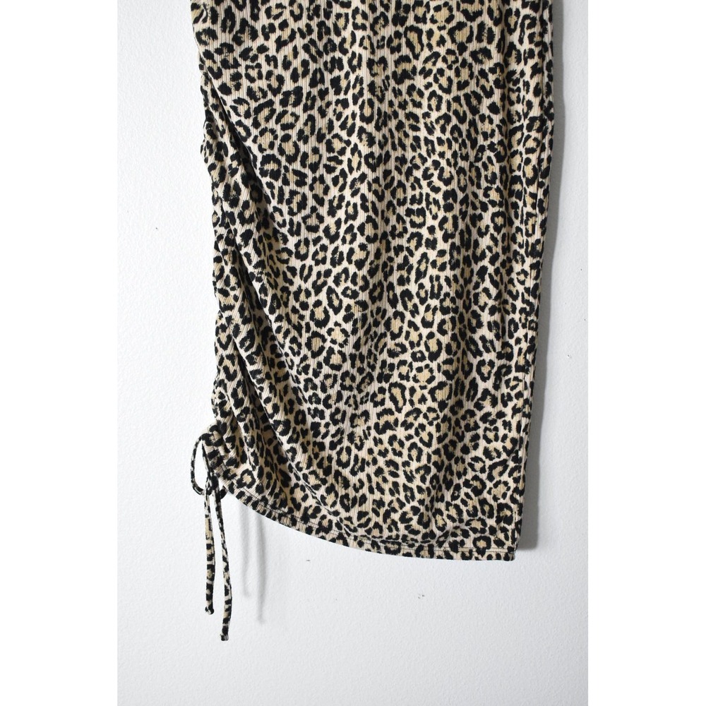 Stowaway Collection Leopard Midi‎ Skirt Women S Tan Black Modern Ruched Ribbed - Picture 3 of 7